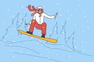 feliz ativo mulher dentro agasalhos snowboard dentro montanhas em feriados. sorridente menina apreciar inverno fisica atividade. esporte e período de férias. vetor ilustração.
