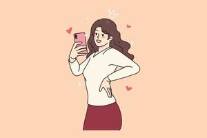 feliz milenar bonita menina masculino auto-retrato cenário do celular. sorridente jovem mulher blogueiro ou social meios de comunicação influenciador levar selfie em Smartphone Câmera. plano vetor ilustração.