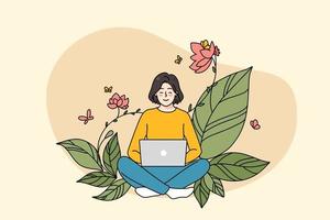 sorridente menina trabalhador autonomo trabalhos conectados em computador em flor verde fundo. feliz jovem mulher usar computador portátil para mais remoto trabalho em Internet dentro natureza. distante Educação. plano vetor ilustração.