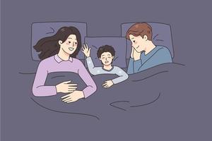 feliz jovem família com pequeno criança dormir juntos dentro cama às lar. sorridente pais relaxar levar sesta com pequeno criança. puericultura e paternidade conceito. plano vetor ilustração.