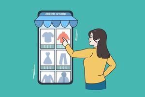 mulher cliente Comprar roupas conectados às Smartphone gadget em rede loja. feliz menina cliente ou comprador faço ordem em celular aplicativo. compras em Internet, Mercado. vetor ilustração.