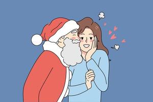 santa claus dentro vermelho traje se beijando animado jovem mulher dentro bochecha. Novo ano e Natal celebração. inverno feriados. plano vetor ilustração.