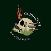 fungos Fora a partir de humano crânio com slogan cordyceps regra a mundo logotipo vetor