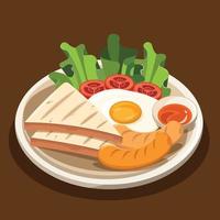 tradicional britânico café da manhã com frito ovo, brinde, salsichas, molho, tomate e alface salada vetor ilustração
