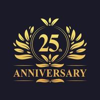 Design do 25º aniversário, logotipo luxuoso do aniversário de 25 anos em dourado vetor