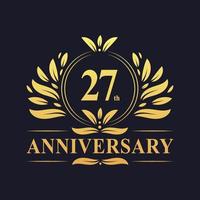 Design do 27º aniversário, luxuoso logotipo do aniversário de 27 anos em cor dourada. vetor