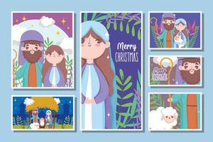 conjunto de cartão de feliz natal e natividade vetor