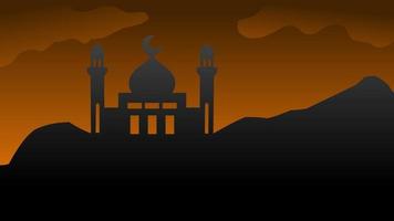 silhueta panorama do mesquita com brilhante laranja céu para Ramadã Projeto gráfico dentro muçulmano cultura e islamismo religião. vetor ilustração do fundo mesquita dentro a noite para islâmico papel de parede Projeto