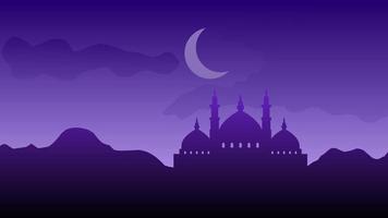 silhueta panorama do mesquita com brilhante roxa céu para Ramadã Projeto gráfico dentro muçulmano cultura e islamismo religião. vetor ilustração do fundo mesquita dentro a noite para islâmico papel de parede Projeto