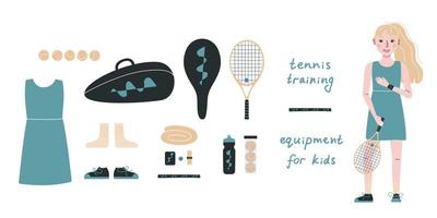 ilustração vetorial plana em estilo infantil. jogador de tênis desenhado à mão, equipamento e equipamento. vetor