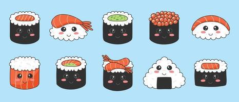 sushi definido no estilo kawaii. sushi japonês fofo com um sorriso. ilustração vetorial. estilo de desenho animado. logotipo do restaurante de sushi. personagem de sushi engraçado de coleção. vetor