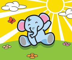 fofa azul bebê elefante acenando com Sol fundo vetor