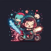 fofa kawaii crianças equitação motociclo com fogo de artifício vetor