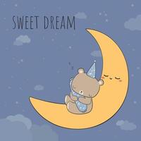fofo urso de pelúcia dormindo na lua à noite desenho animado doodle cartão vetor