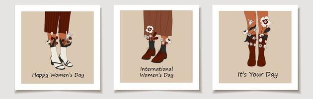 internacional mulheres dia. uma conjunto do cumprimento cartões com fêmea pernas dentro botas. legal calçados com flores Alto meias . mão desenhado vetor colori na moda moda ilustração.