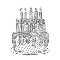 página para colorir feliz aniversário. página para colorir com bolo de aniversário doodle e velas vetor