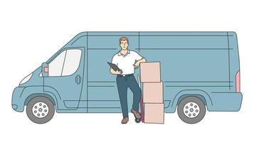 entrega, conceito de serviço de correio. entrega entrega homem segurando pacote com caminhão de entrega. ilustração vetorial plana vetor