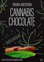 chocolate cannabis, design de pacote preto com barra de chocolate cannabis e folhas de maconha no estilo doodle no fundo. design de capa preta para produtos de cannabis vetor