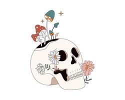 fantasia retro hippie crânio com cogumelos e flores dentro anos 60 Anos 70 estilo. abstrato dia das Bruxas psicodélico arte. esotérico papel de parede. vintage feriado esqueleto cabeça. vetor Projeto para t camisa impressão