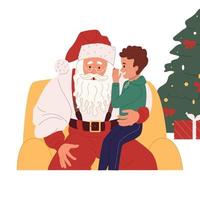 pequeno Garoto sussurrando dentro santa claus orelha, sentado em colo. fofa criança conta segredo desejos. Novo ano Natal feriados conceito. plano vetor ilustração isolado em branco fundo