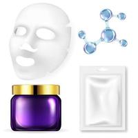 conjunto realista de cosméticos faciais. folha de máscara facial, frasco de creme e moléculas cosméticas. ilustração 3d vetorial