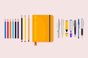 caderno plano com lápis e canetas coloridas vetor