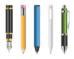 conjunto de canetas realistas e ilustração vetorial de lápis isolado no branco
