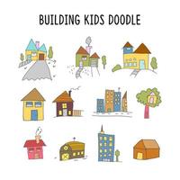 conjunto de elemento de construção de criança doodle. conjunto de casas e edifícios em estilo doodle vetor