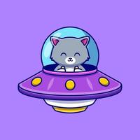 fofa gato dirigindo nave espacial UFO desenho animado vetor ícone ilustração. animal tecnologia ícone conceito isolado Prêmio vetor. plano desenho animado estilo