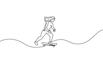 mulher jogando skate, 1 linha desenhando contínuo contorno linha arte vetor