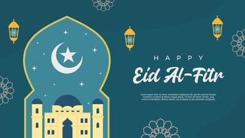 feliz eid al fitr fundo com mesquita e lanternas. vetor