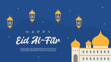 feliz eid al fitr fundo com lanternas e grande mesquita. vetor