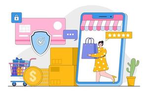 conectados compras em social meios de comunicação aplicativo conceito com pessoas personagem. Smartphone com compras bolsa, bate-papo mensagem, entrega, 24 horas. adequado para promoção do digital lojas, rede e de Anúncios vetor