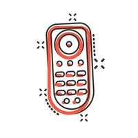 ícone de controle remoto em estilo cômico. ilustração dos desenhos animados do vetor do controlador infravermelho no fundo branco isolado. efeito de respingo de conceito de negócios de teclado de tv.