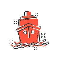 ícone de sinal de cruzeiro de navio em estilo cômico. ilustração dos desenhos animados do vetor do barco de carga no fundo branco isolado. efeito de respingo de conceito de negócio de embarcação.