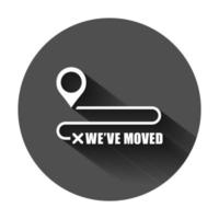 mover localização ícone dentro plano estilo. PIN GPS vetor ilustração em Preto volta fundo com grandes sombra. navegação o negócio conceito.