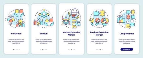 tipos do fusões onboarding Móvel aplicativo tela. o negócio processos passo a passo 5 passos editável gráfico instruções com linear conceitos. interface do usuário, ux, gui modelo vetor