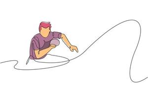 um único desenho de linha do jovem enérgico jogador de tênis de mesa pronto para acertar a ilustração vetorial de bola. conceito de treinamento esportivo. design moderno de desenho de linha contínua para banner de torneio de ping pong vetor
