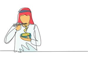 contínua uma linha de desenho jovem árabe comendo macarrão com pauzinhos ao redor da mesa. aproveite o almoço quando estiver com fome. comida deliciosa e saudável. ilustração gráfica de vetor de desenho de linha única