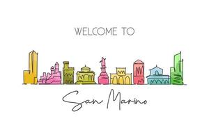 uma linha contínua desenho horizonte da cidade de san marino san marino. bela impressão de pôster de decoração de parede de marco. férias de viagens de turismo de paisagem mundial. ilustração em vetor de design de desenho de linha única elegante