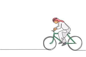 único desenho de linha contínua do jovem empresário árabe andando de bicicleta ir para o escritório. trabalhador profissional desportivo. conceito minimalismo dinâmico uma linha desenhar ilustração vetorial de design gráfico vetor