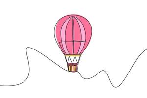desenho único de um balão de ar quente com padrão de listras e uma cesta de passageiros voando alto no céu. experiência de férias. moderna linha contínua desenhar design gráfico ilustração vetorial. vetor