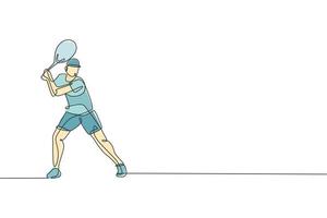um desenho de linha contínua do jovem tenista feliz concentrado para acertar a bola. conceito de esporte competitivo. ilustração vetorial de desenho de linha única dinâmica para cartaz de promoção de torneio vetor