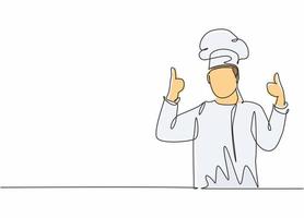 contínuo um desenho de linha de jovem chef masculino bonito feliz dando polegares para cima gesto. excelente sabor da comida no hotel restaurante conceito linha única desenhar ilustração vetorial de design gráfico vetor