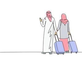 um desenho de linha contínua de um jovem casal muçulmano que faz uma viagem de negócios para o exterior juntos. roupas islâmicas hijab, kandura, lenço, keffiyeh. ilustração em vetor desenho desenho de linha única