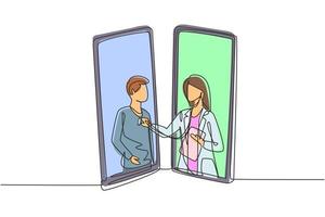 contínua uma linha desenhando dois smartphones frente a frente com a médica, verificando a frequência cardíaca de um paciente do sexo masculino usando o estetoscópio. médico online. ilustração gráfica do vetor desenho único sorteio