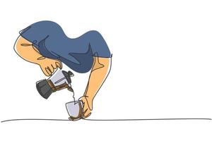 um único desenho de linha do jovem barista feliz servindo café com leite quente da cafeteira em uma xícara em cima da mesa do café. conceito de bebida de café. ilustração de desenho vetorial de desenho de linha contínua dinâmica vetor