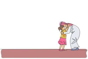 um desenho de linha única de jovem pai árabe abraçar filha filha antes de ir para a escola para a ilustração vetorial de manhã. conceito de parentalidade familiar muçulmana islâmica feliz. design moderno de desenho de linha contínua vetor