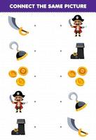 Educação jogos para crianças conectar a mesmo cenário do desenho animado espada gancho moeda bota imprimível pirata planilha vetor