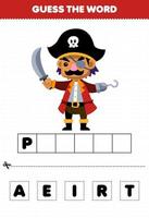 Educação jogos para crianças acho a palavra cartas praticando do fofa desenho animado pirata personagem imprimível pirata planilha vetor